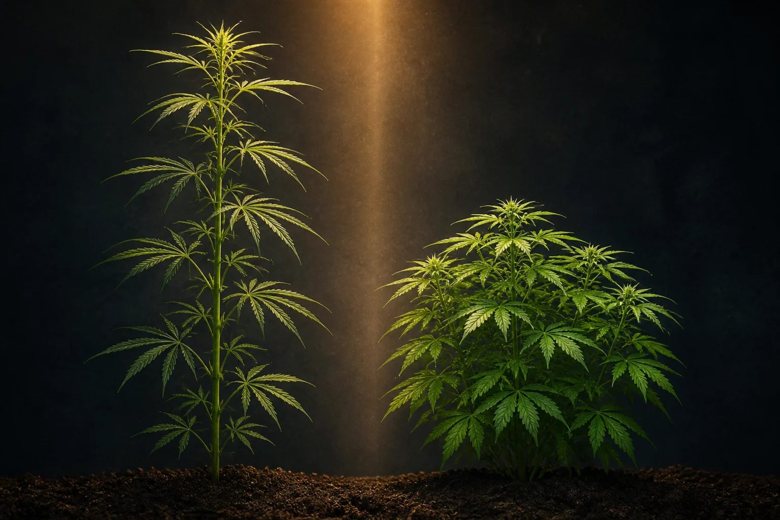 Plant de chanvre élancé comparé à un plant de cannabis plus buissonnant