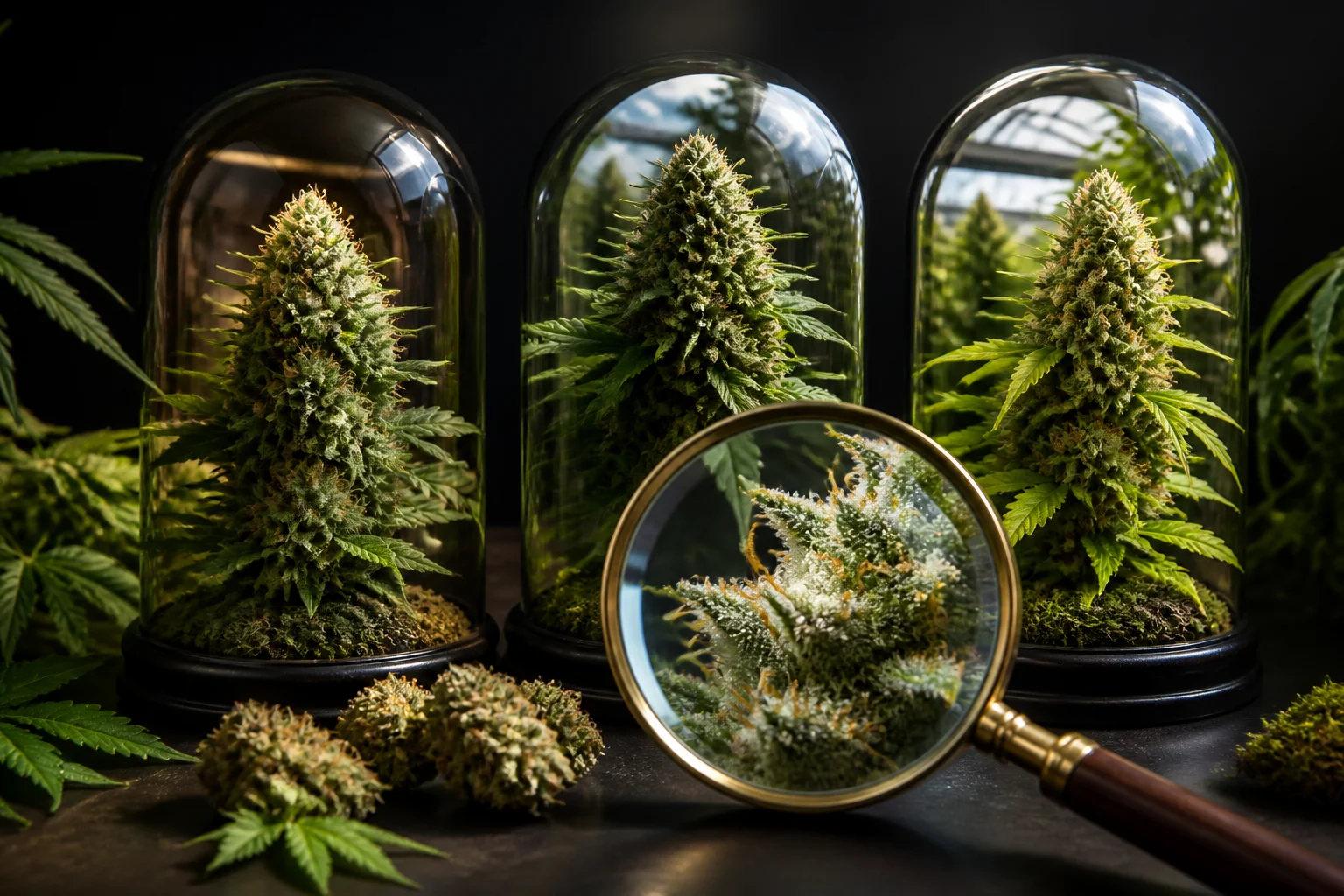 Trois fleurs de CBD sous cloches et observées à la loupe