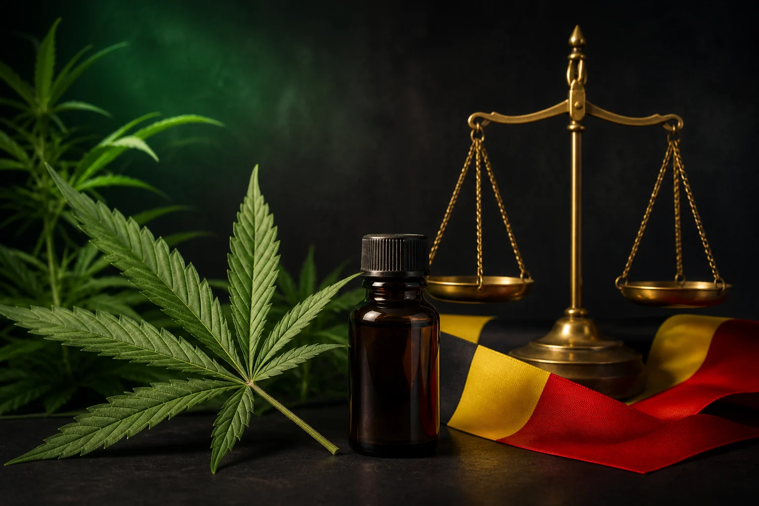 Feuille de chanvre, flacon et balance devant les couleurs belges