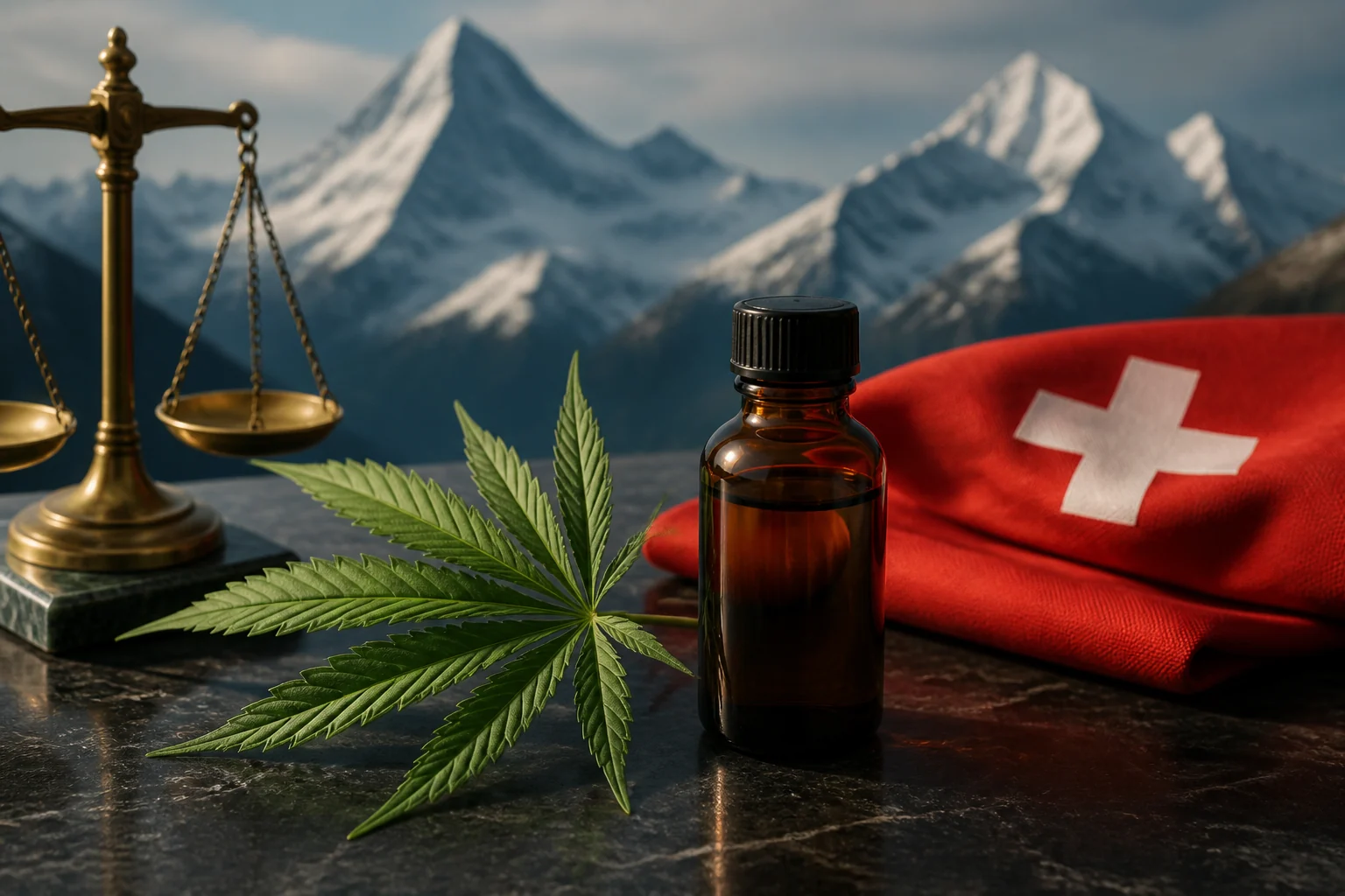 Feuille de chanvre, flacon et balance devant les Alpes et le drapeau suisse